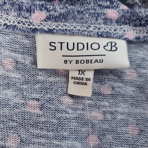 Studio B By Bobeau U Neck Scoop Neck Top Plus 1X Blue Pink Polka Dot Tie Hem - Picture 8 of 9